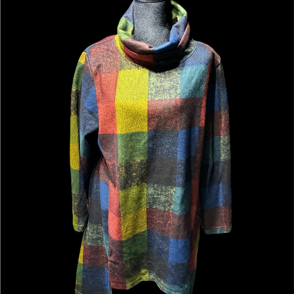 Colorful Plaid Cowl Neck Fleece and Polyester blend Tunic Dress New Without Tags